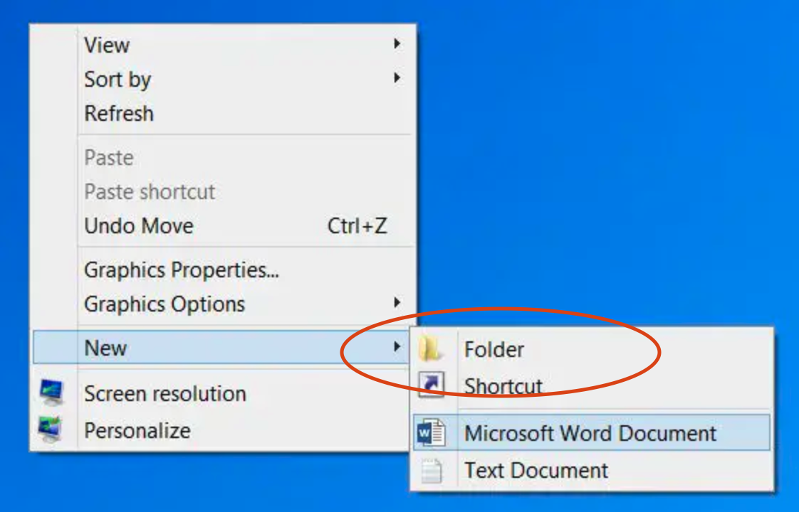 The menu that appears when you right click on the desktop on a Windows computer, with 'Folder' circled