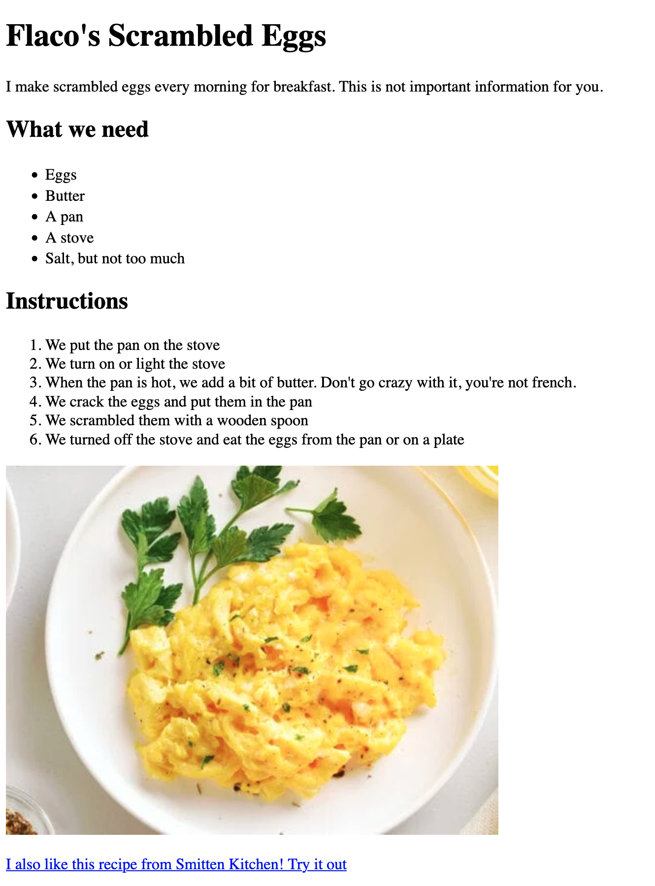 Image of a recipe page for Flaco's scrambled eggs